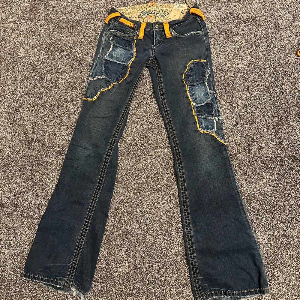Hand Crafted Blue by RedHawk Designs w/Orange Deerskin Lace  Flare Jeans size 25